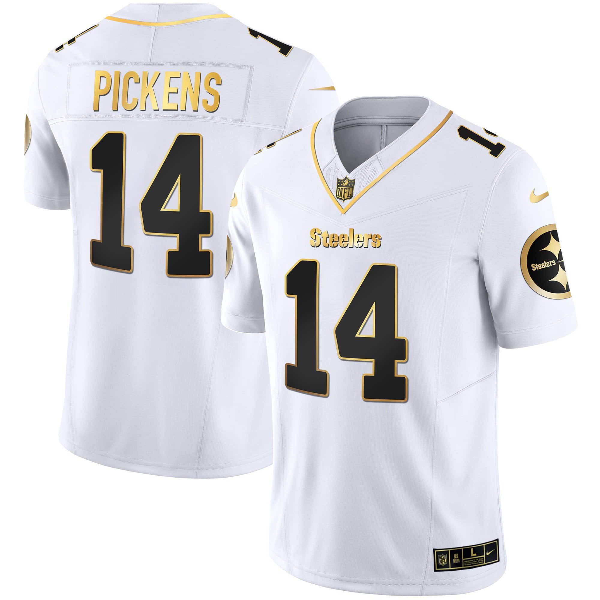 Men Pittsburgh Steelers #14 Pickens White Gold 2024 Nike Vapor Limited NFL Jersey